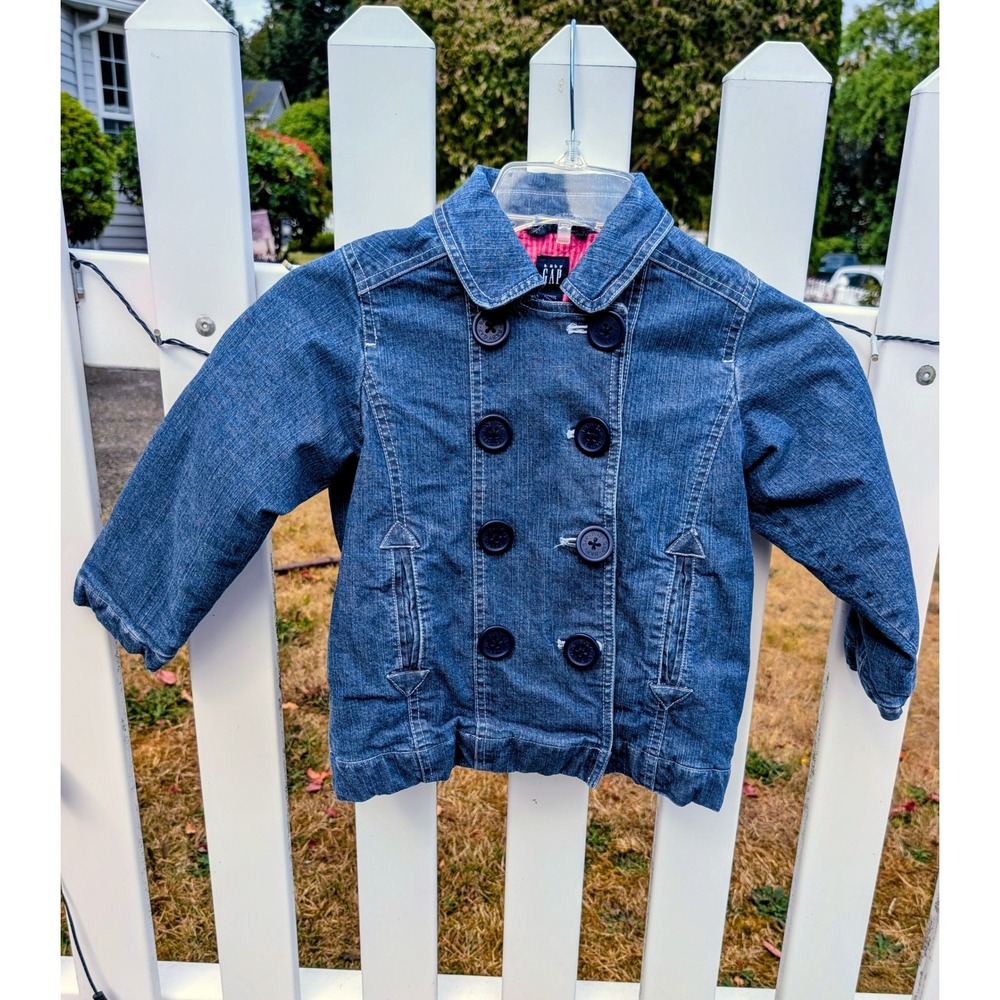 Pea Coat 5T Blue Baby GAP Denim Double Breasted Quilted Pink Gingham Lining